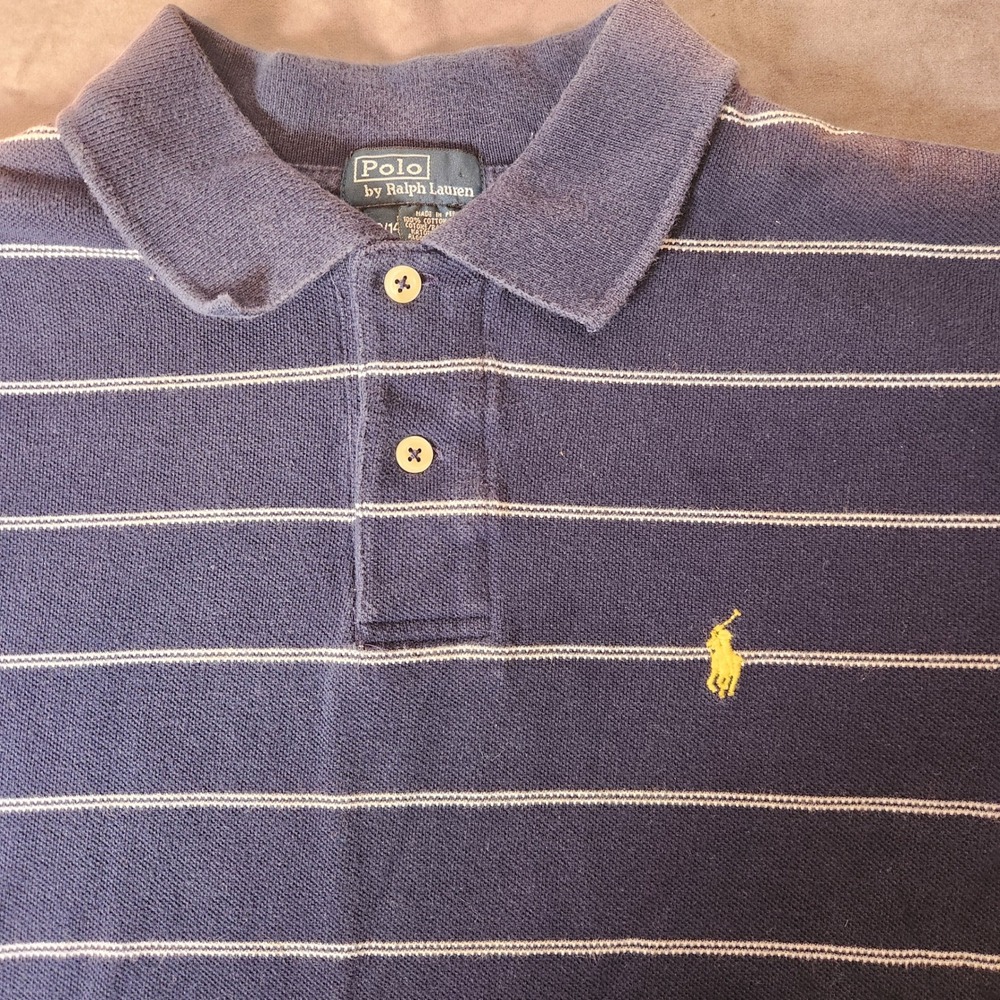 Polo Ralph Lauren Boys Navy Blue White Striped Polo Shirt Size M 12-14 323065832